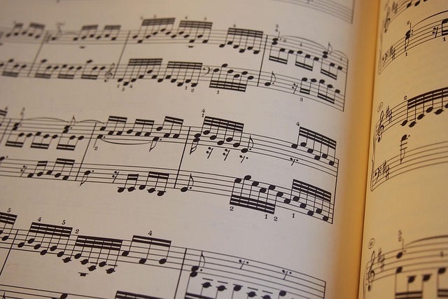 music theory notation sheets with treble clef and piano keys